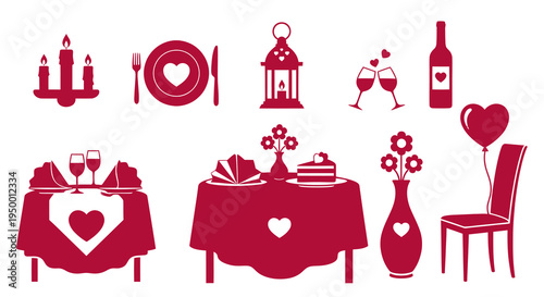 Valentine's Day Romantic Dinner Icons Set - Red Silhouettes