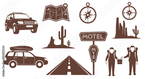 Desert Road Trip Adventure Travel Silhouette Icon Set Car Map Motel Compass