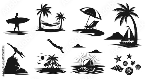 Beach Vacation Silhouettes: Surfing, Palm Trees, Sailing, Seashells