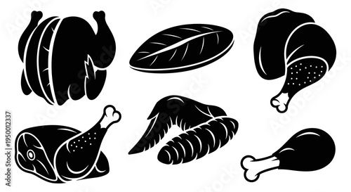 Black  White Glyph Icons of Roasted Chicken Pieces and Whole Chicken