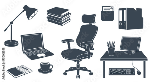 Office Supplies Glyph Icons: Desk, Chair, Computer, Lamp, Books, Coffee