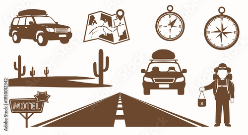 Adventure Travel Icons: Car, Map, Compass, Hiker, Road, Motel, Desert