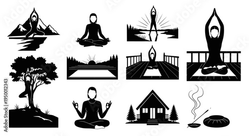 Yoga Meditation Silhouettes: Nature, Scenery, House, Incense