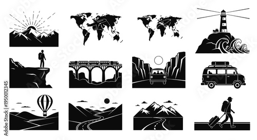 Travel Icons: Mountains, World Map, Lighthouse, Car, Train, Hot Air Balloon, Vector