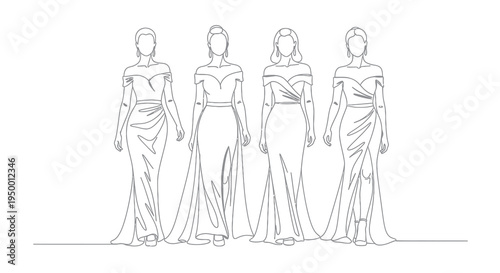 Black and White Line Art of Four Women in Evening Gowns