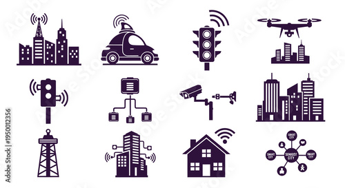 Smart City Icons - Technology, Transportation, Infrastructure, IoT, Glyph Style
