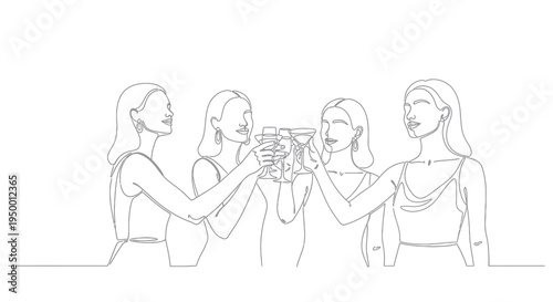 Line art of four women toasting with champagne glasses at a party