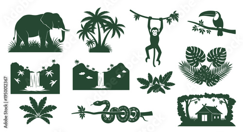 Jungle Tropical Icons: Elephant, Monkey, Toucan, Snake, Waterfall, House