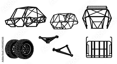 Off-road vehicle chassis and parts, black and white line art