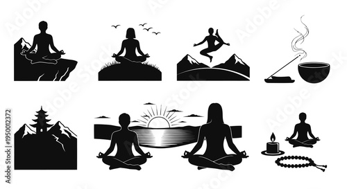 Yoga Meditation Silhouettes: Zen, Mindfulness, Spiritual Practice Icons
