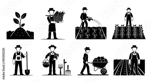 Farmers working in field, harvesting, planting, watering, agriculture glyphs