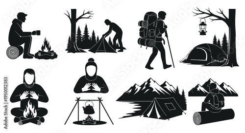 Black and white vector illustrations of camping and hiking icons