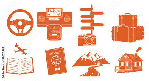 Orange travel icons: car wheel, GPS, plane, passport, luggage, mountains, house, camera
