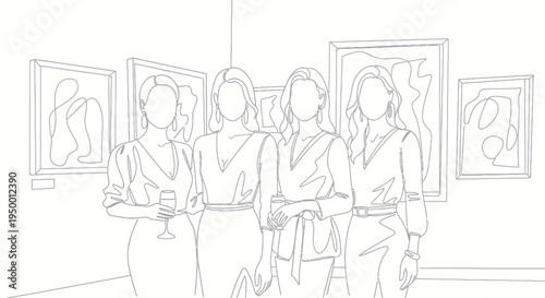 Art Gallery Exhibition Line Art: Four Women Viewing Modern Paintings