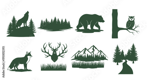 Forest Wildlife Vector Icons: Wolf, Bear, Fox, Deer, Owl, Mountains, Trees