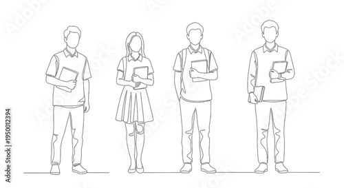 Black and White Line Art of Four Students Holding Books