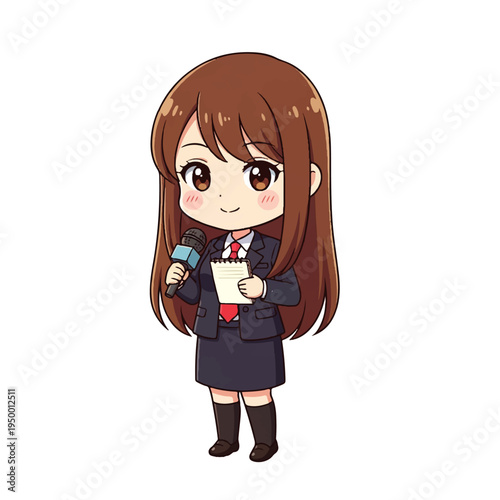 Cute chibi anime reporter girl holding microphone and notebook isolated on white background