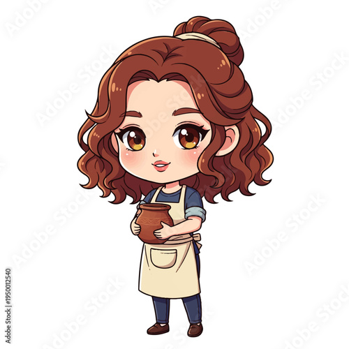 Cute chibi girl potter holding clay pot isolated on white background