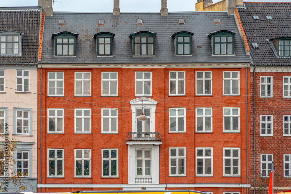 Fototapeta premium Red Brick Building Facade In Copenhagen, Denmark, Classic Scandinavian Architecture