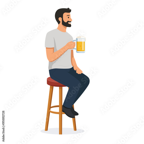 Flat vector illustration of man drinking beer sitting on bar stool. Customer enjoying drink at pub or bar isolated on white background.
