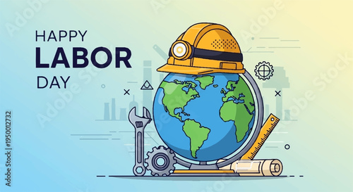 Happy labor day theme with globe hard hat tools and blueprint on gradient background celebrating workers worldwide