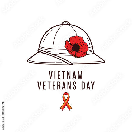 A memorial illustration of a Vietnam Veterans Day with a helmet and poppy flower