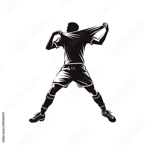 Soccer striker holding shirt goal celebration silhouette powerful football player vector graphic