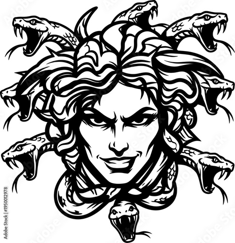Medusa Gorgon face with snakes hair greek mythology line art