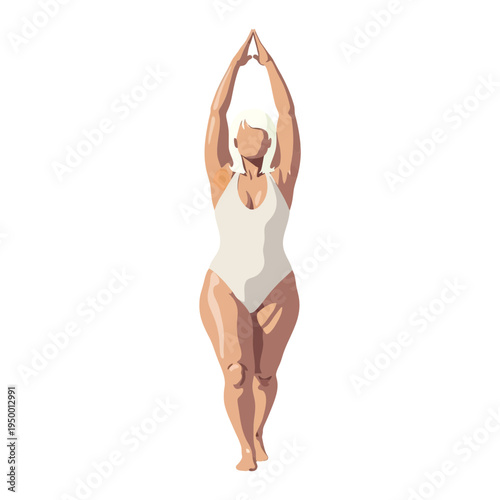 A woman in a white swimsuit practices yoga with arms raised overhead in a serene environment.