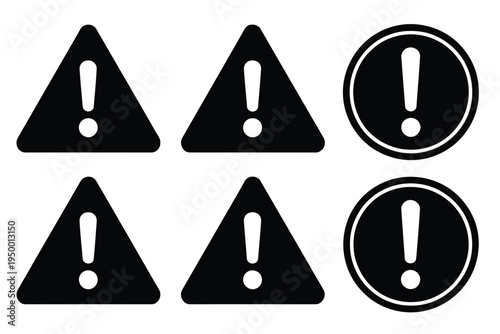 Attention, warning triangular icon set with exclamation mark danger symbols, caution and hazard alert signs, clean modern flat vector illustration for safety instructions, traffic signage, industrial 