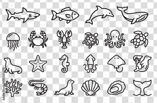Sea Animal Silhouette Icons Set – Marine Life, Ocean Creatures, Fish, Dolphin, Whale, Turtle and Coral Collection