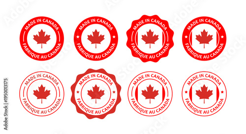 Collection of Red Canadian Made and Fabrique Au Canada Stamp Seals Featuring a Maple Leaf Emblem