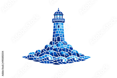 A blue mosaic illustration of a lighthouse standing on a rocky island