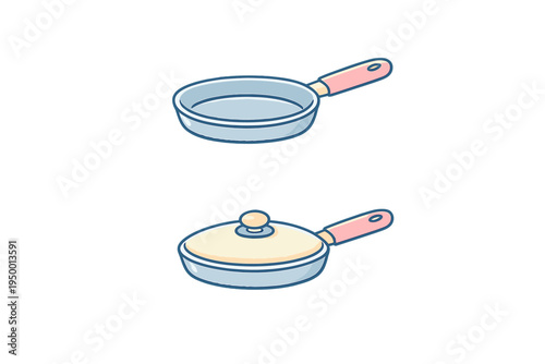 A vector illustration featuring two versions of a frying pan, one