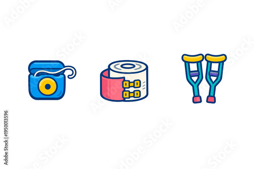 A set of three medical and hygiene icons featuring dental floss, a