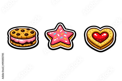 A set of three colorful cookie stickers featuring a chocolate chip