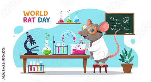 Rat in lab coat working at science lab table with microscope and test tubes on world rat day