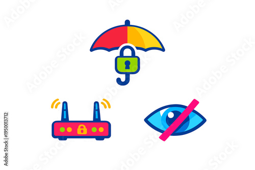 A set of three colorful vector icons representing internet security