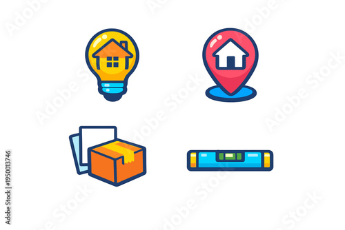 A collection of four colorful icons representing home-related
