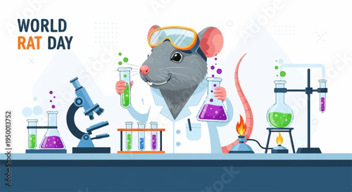 Rat in lab coat conducts experiment with microscope and flasks on world rat day