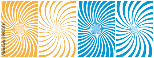 Set of spiral backgrounds with orange and blue rays on white backdrop eps 10