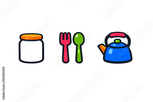A set of three colorful kitchen icons featuring a glass jar with an
