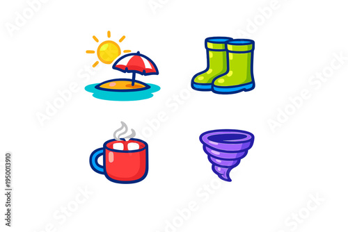 This collection of vibrant weather and seasonal icons features a