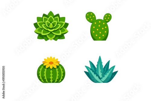 A set of four stylized vector illustrations featuring various