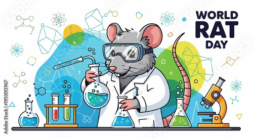 Lab rat in goggles and lab coat conducts science experiment on world rat day with colorful equipment