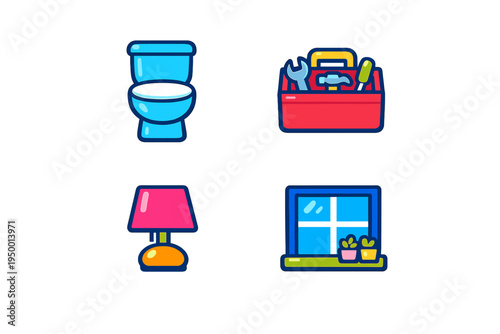 A set of four colorful household icons featuring a blue toilet, a red