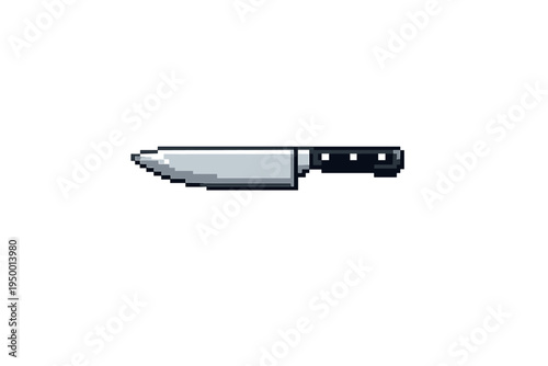 A pixel art illustration of a professional chef's knife featuring a