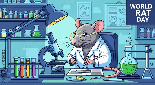 Rat in lab coat working at laboratory desk with microscope and test tubes on world rat day
