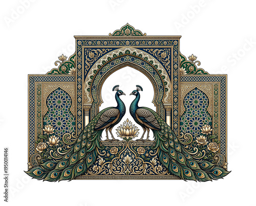 An ornate detailed illustration of two peacocks within a decorative archway ideal for designs on transparent background high-quality professional