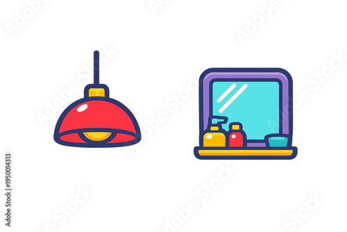 A set of two flat vector icons featuring a red pendant ceiling lamp